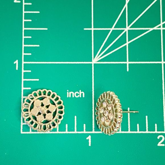 Silver Tone Rhinestone Stud Earrings Open Work Circles Post Back - Picture 8 of 8